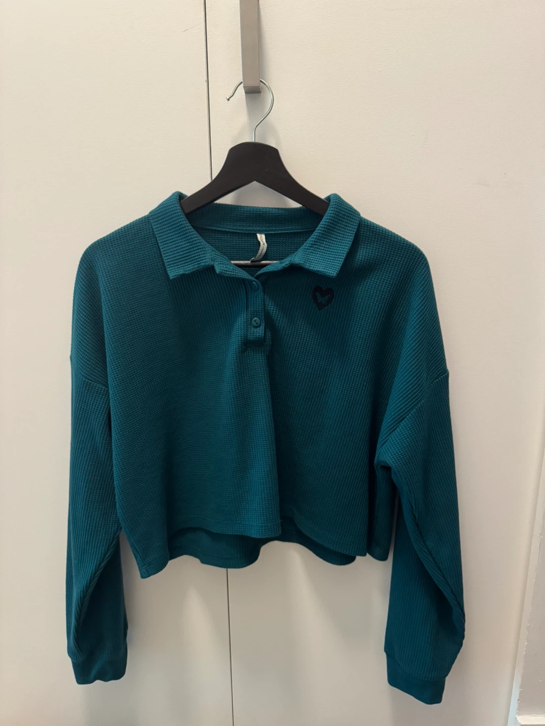 Teal Waffle Knit Cropped Polo Shirt with Heart Detail