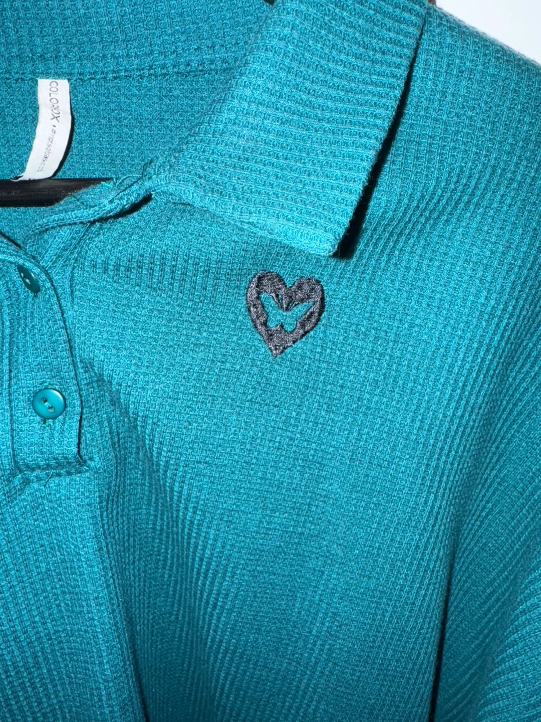 Teal Waffle Knit Cropped Polo Shirt with Heart Detail - photo 2