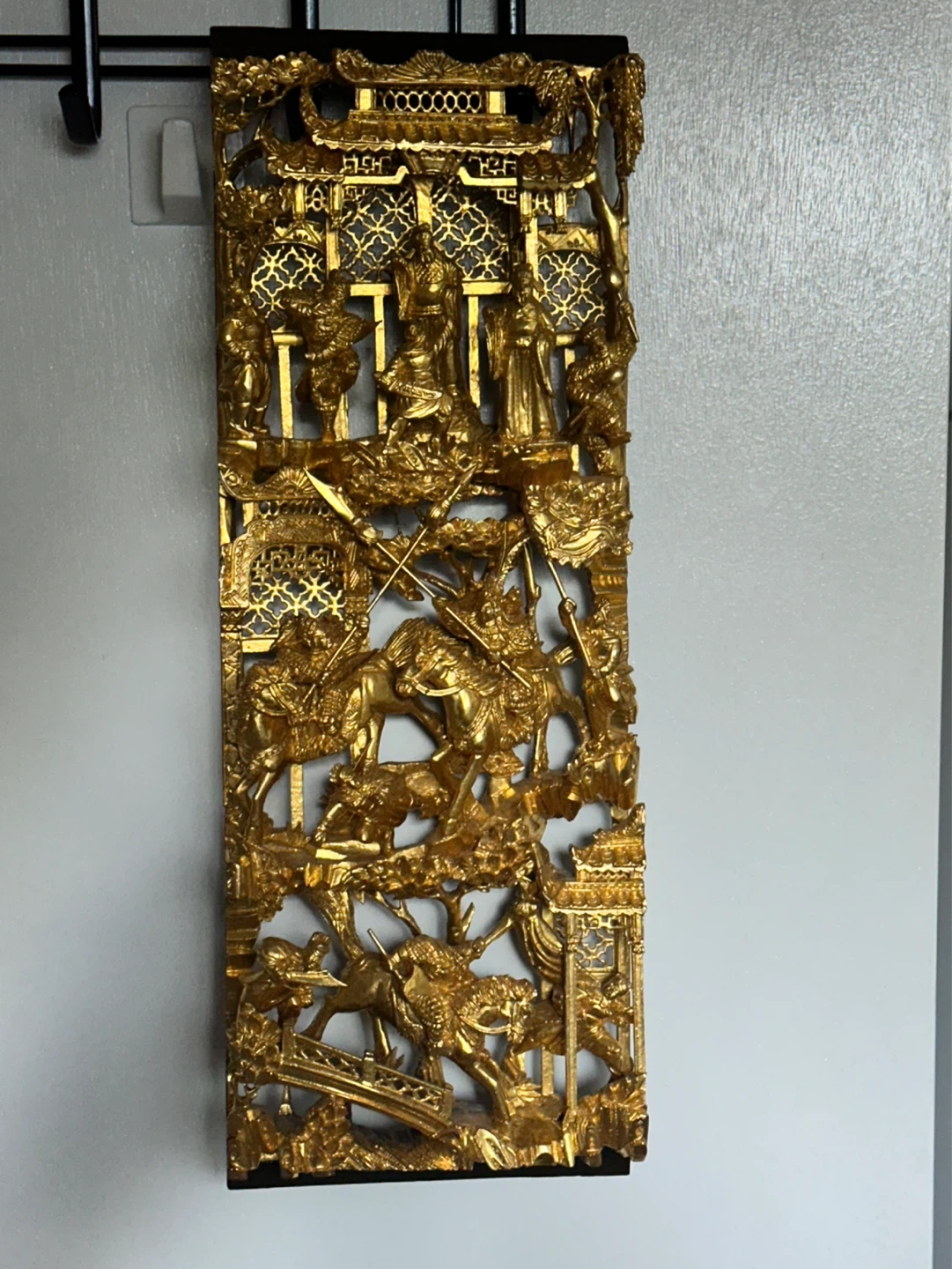 22” Chinese Gold Hand Carved Emperors Warriors Temple panel