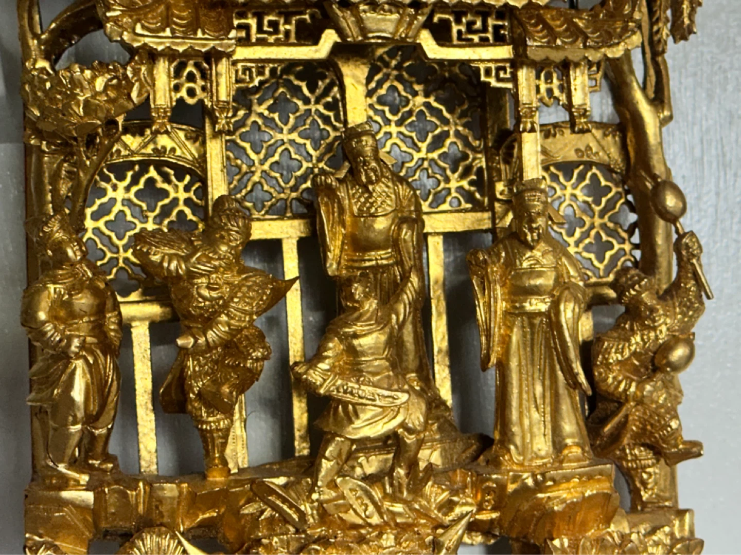 22” Chinese Gold Hand Carved Emperors Warriors Temple panel - photo 5