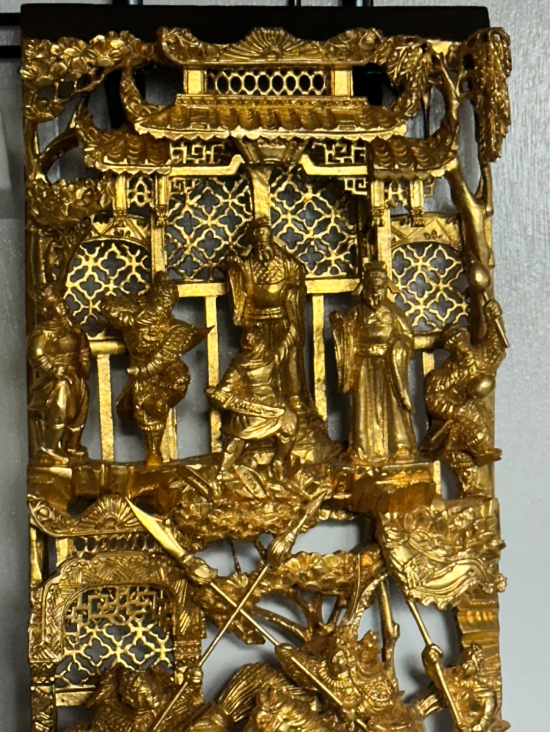 22” Chinese Gold Hand Carved Emperors Warriors Temple panel - photo 2