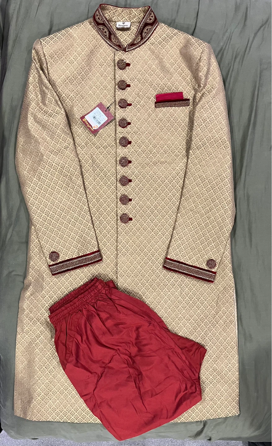 Manyavar Sherwani Set - XXL/44 - Beige/Red