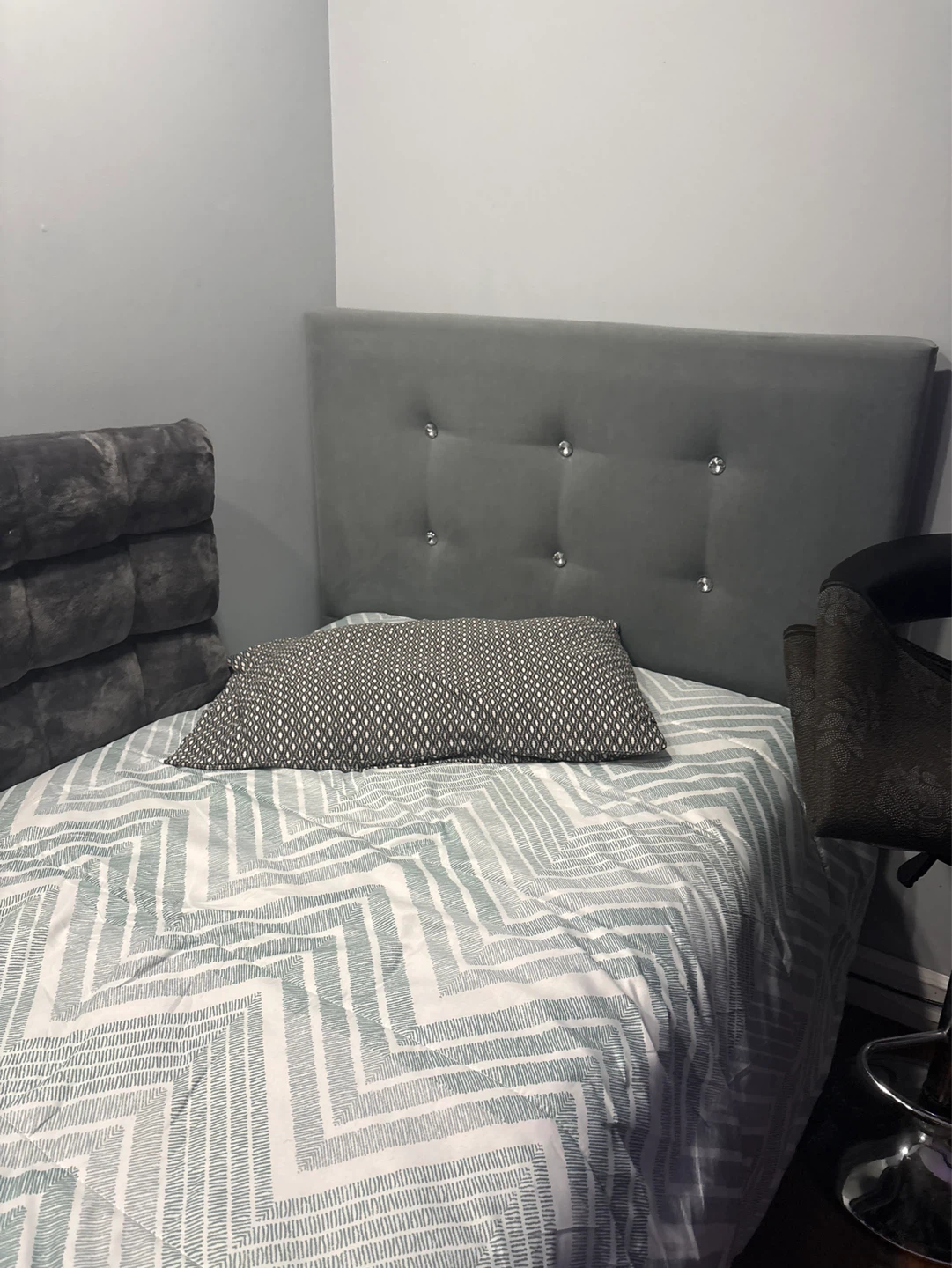 Grey Velvet Headboard with Crystal Accents