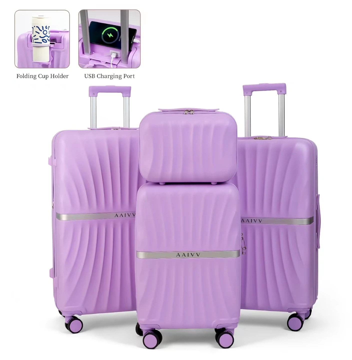 AAIVV Purple Luggage Set with Cup Holder and USB Charging Port