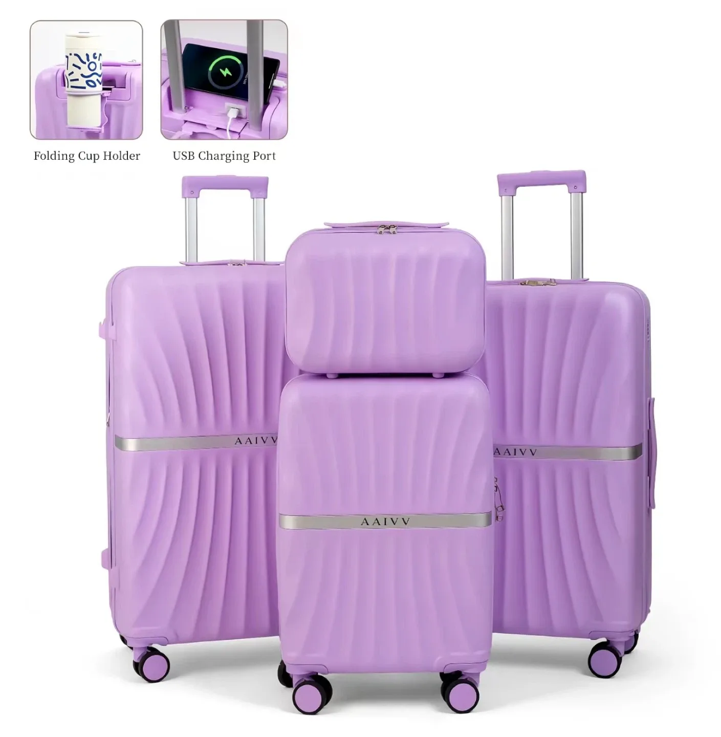AAIVV Purple Luggage Set with Cup Holder and USB Charging Port