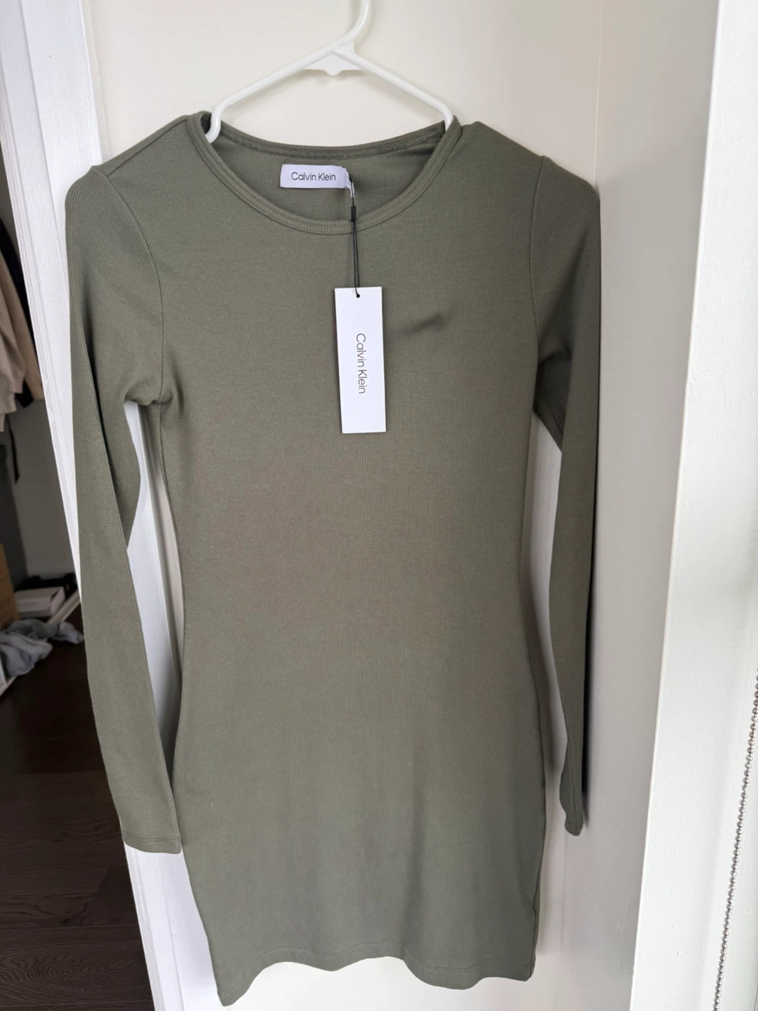 Calvin Klein Ribbed Long Sleeve Mini Dress - Olive Green - XS