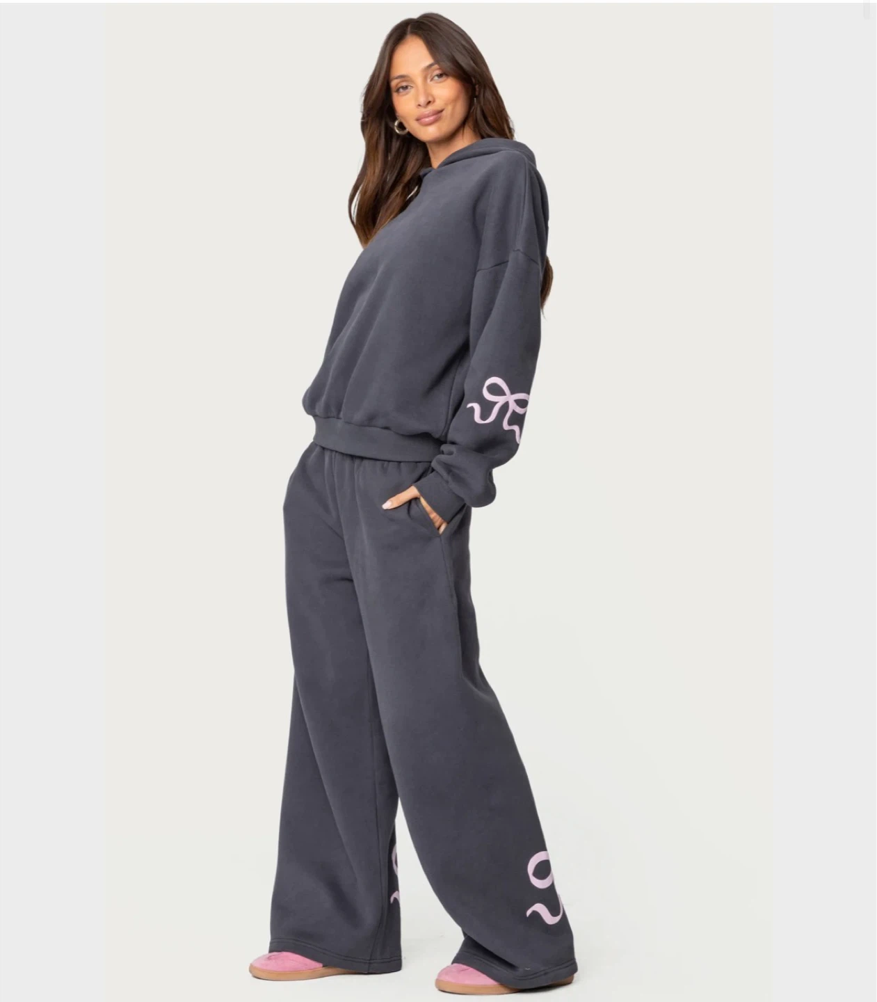 Charcoal Grey Sweatpants with Pink Bow Detail