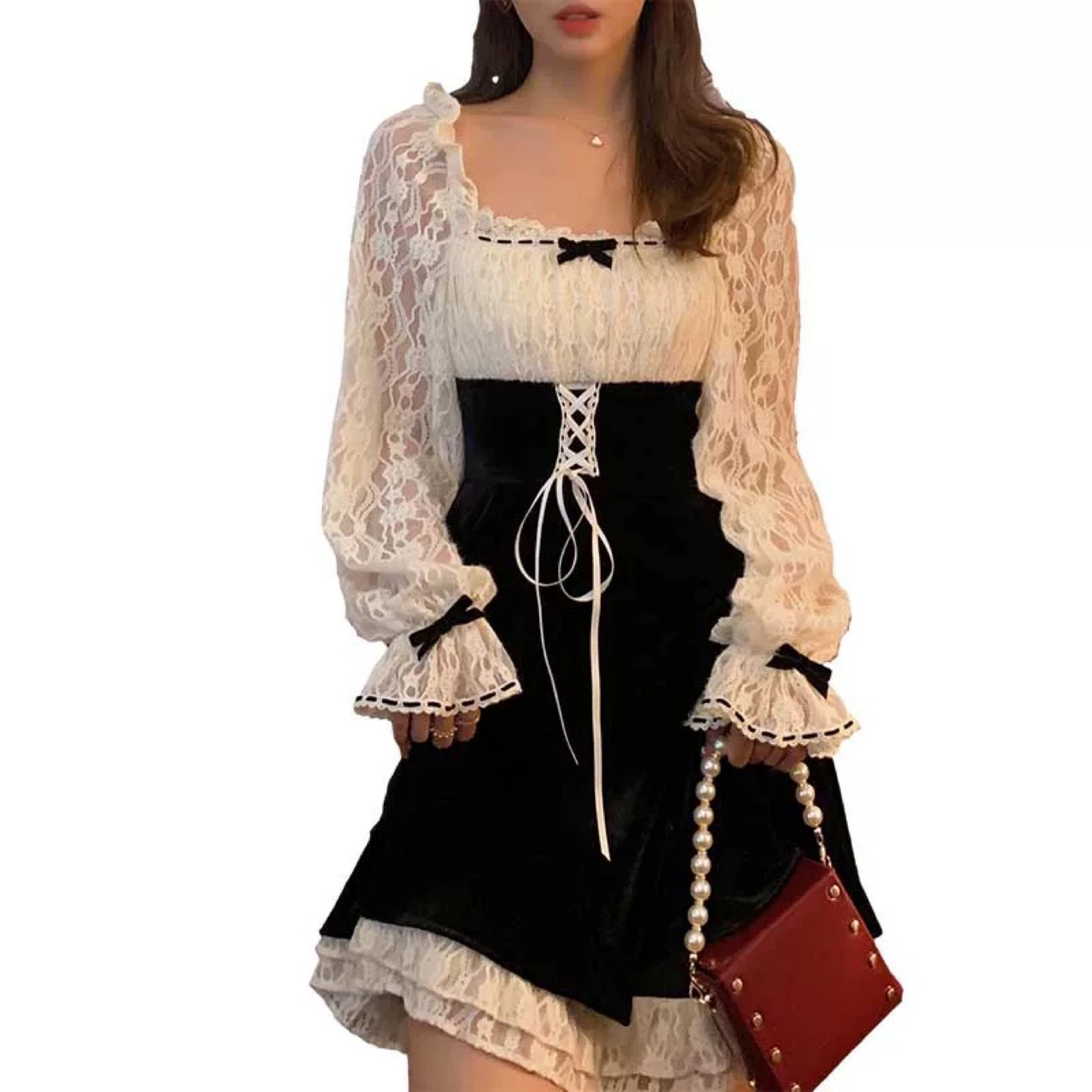 Black and White Lace Lolita Style Dress