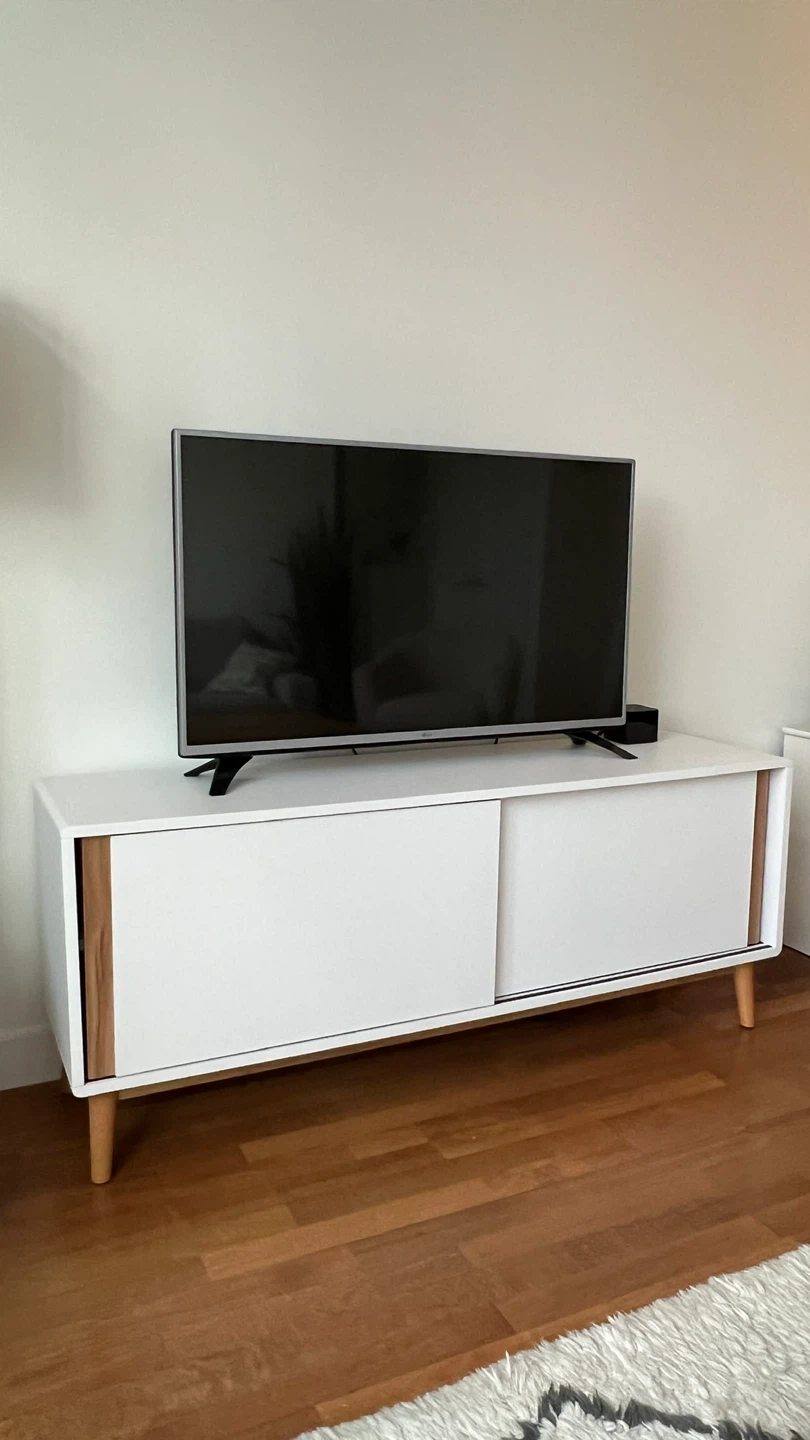 White and Wood TV Stand with Sliding Doors - photo 2