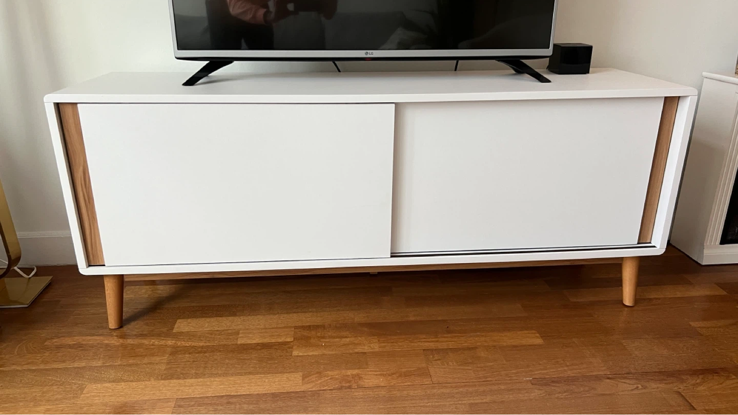 White and Wood TV Stand with Sliding Doors
