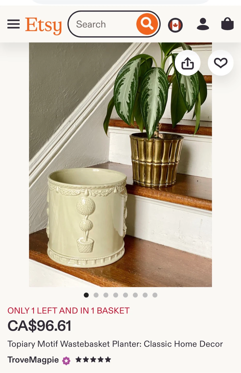 Topiary Motif Wastebasket Planter - Beige Ceramic