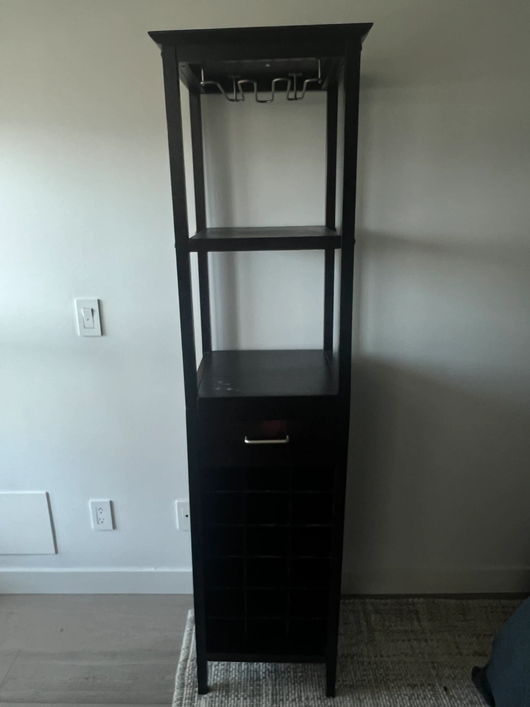 Dark Wood Wine Rack with Drawer and Glass Holder