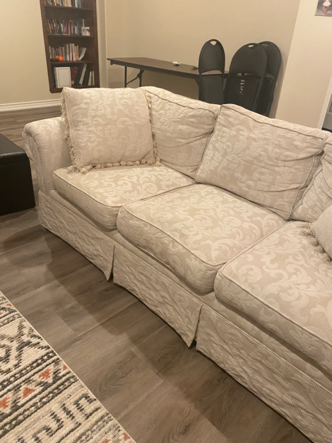 Cream Damask Sofa with Skirted Base