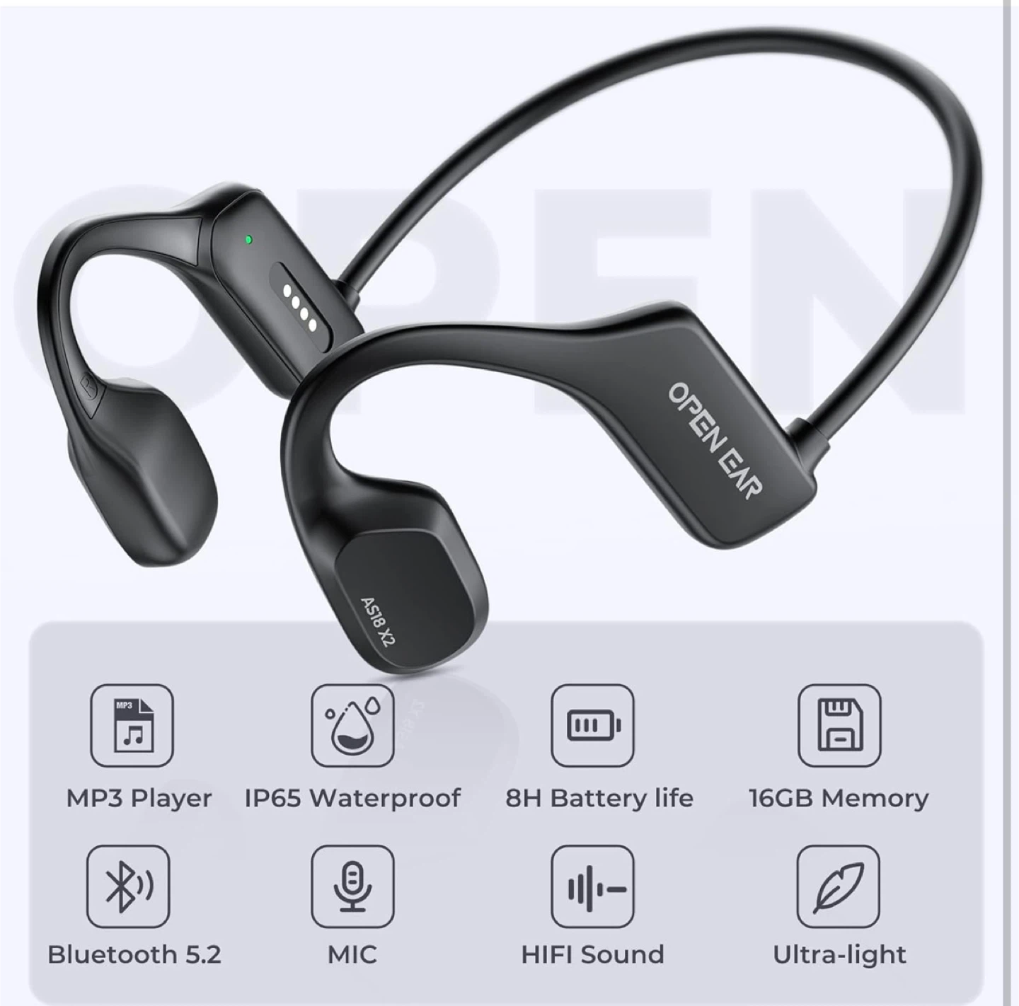 Open Ear Bone Conduction Headphones AS1B X2 Waterproof 16GB MP3 - photo 3