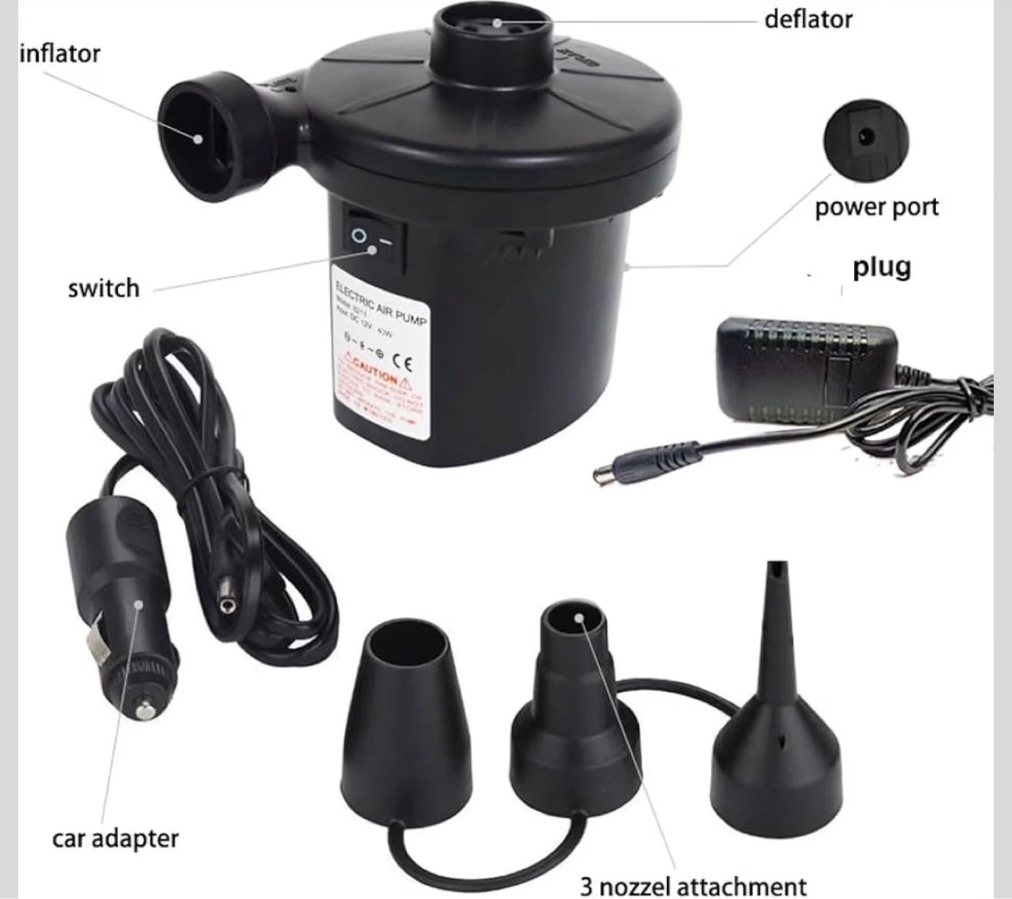 Electric Air Pump with Car Adapter and 3 Nozzles