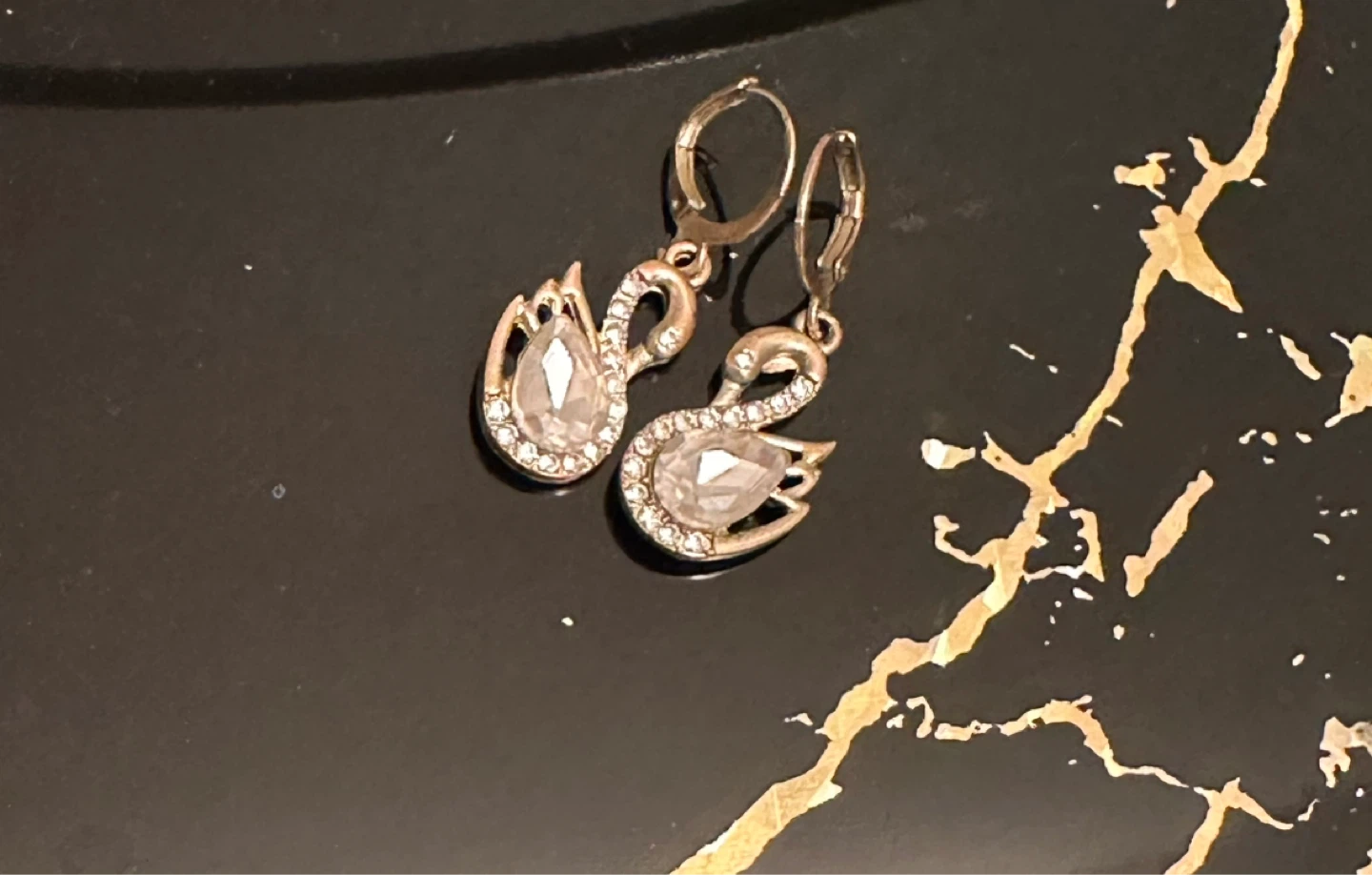 Swan Leverback Earrings with Clear Crystals