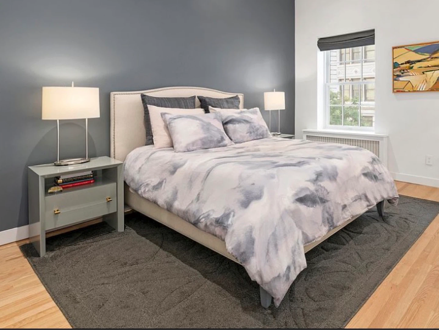 Queen upholstered studded bed frame - Beige