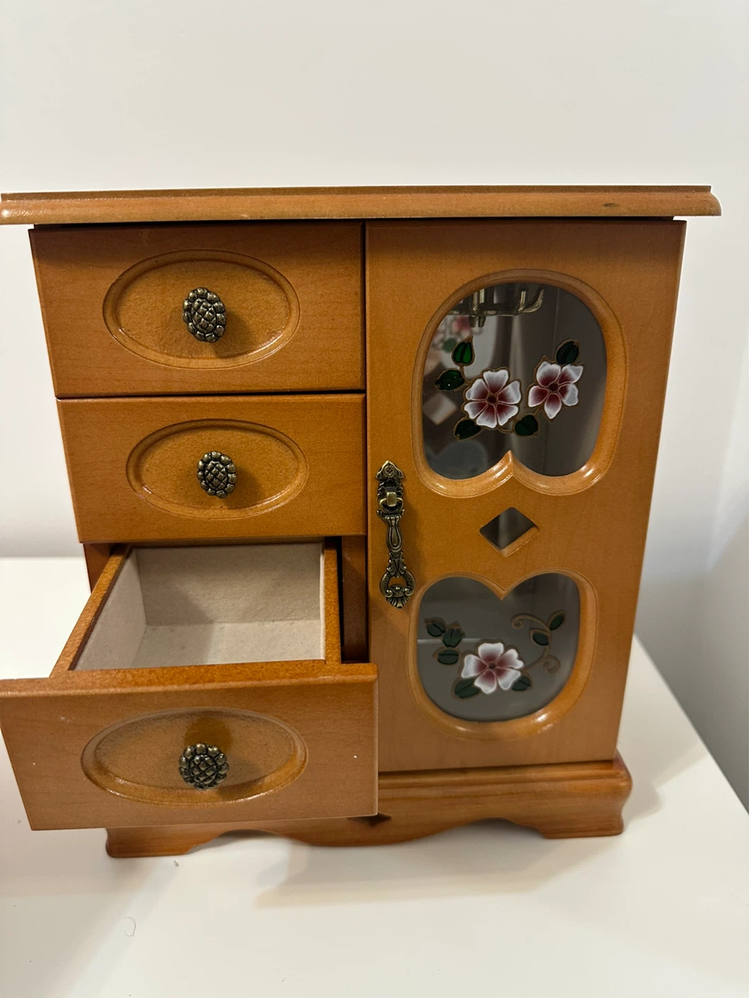 Wooden vintage Jewellery Box with Drawers and Glass Door