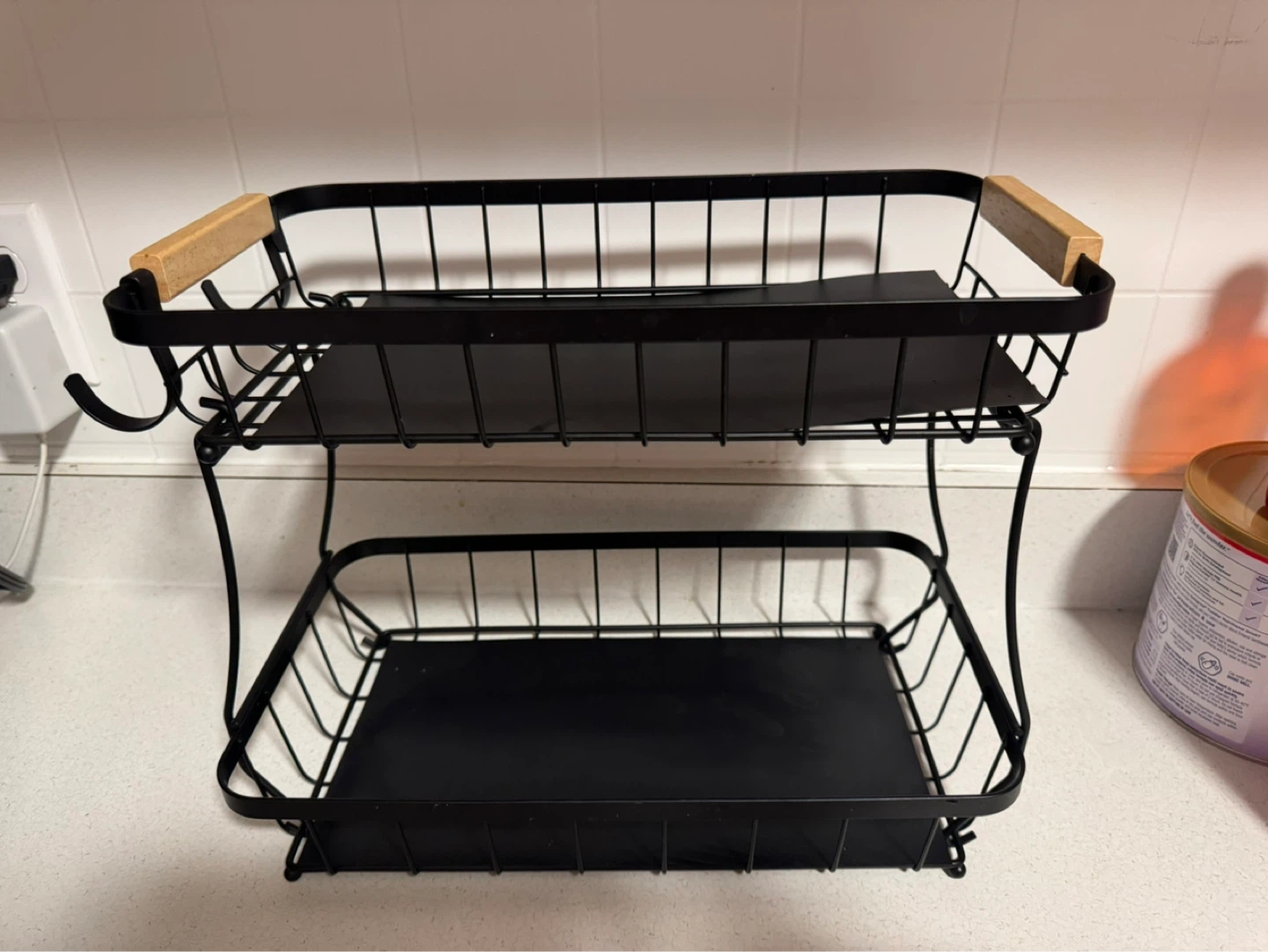 Black 2-Tier Wire Fruit Basket with Wooden Handles