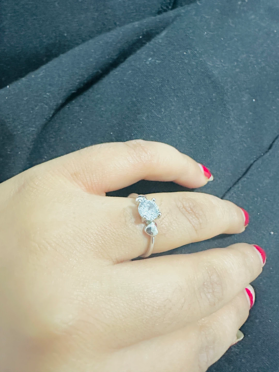 Silver Tone Ring with Clear Stone and Heart Accents