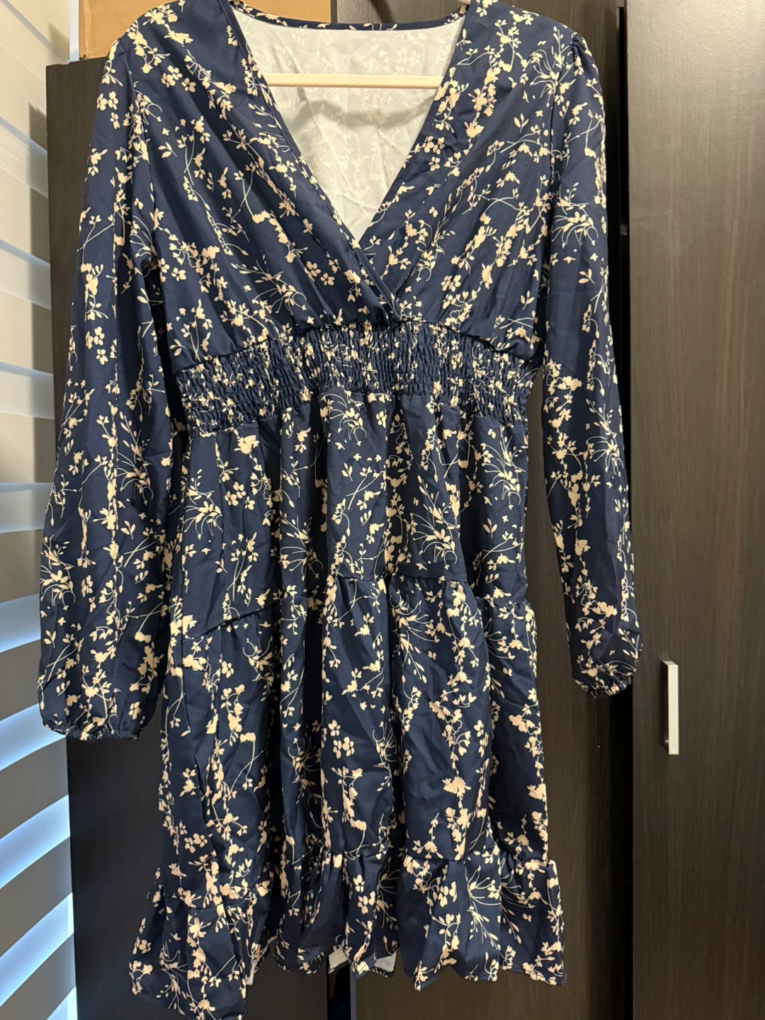 Navy Floral Print Long Sleeve Tiered Mini Dress