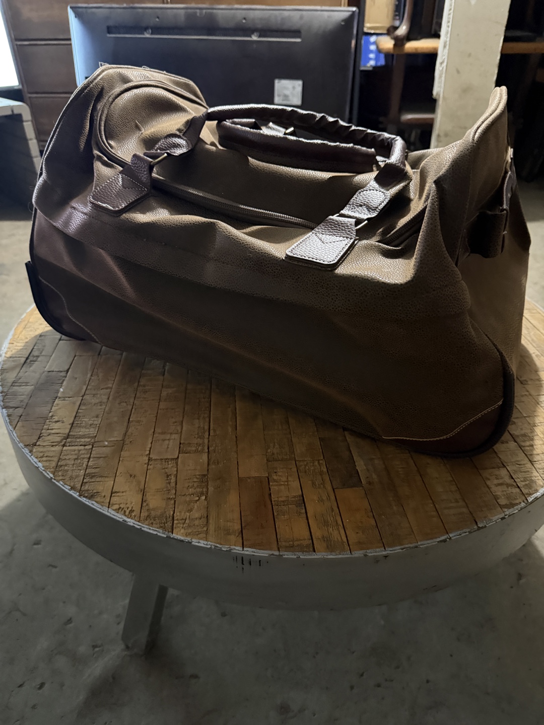 Brown Faux Leather Duffle Bag with Wheels