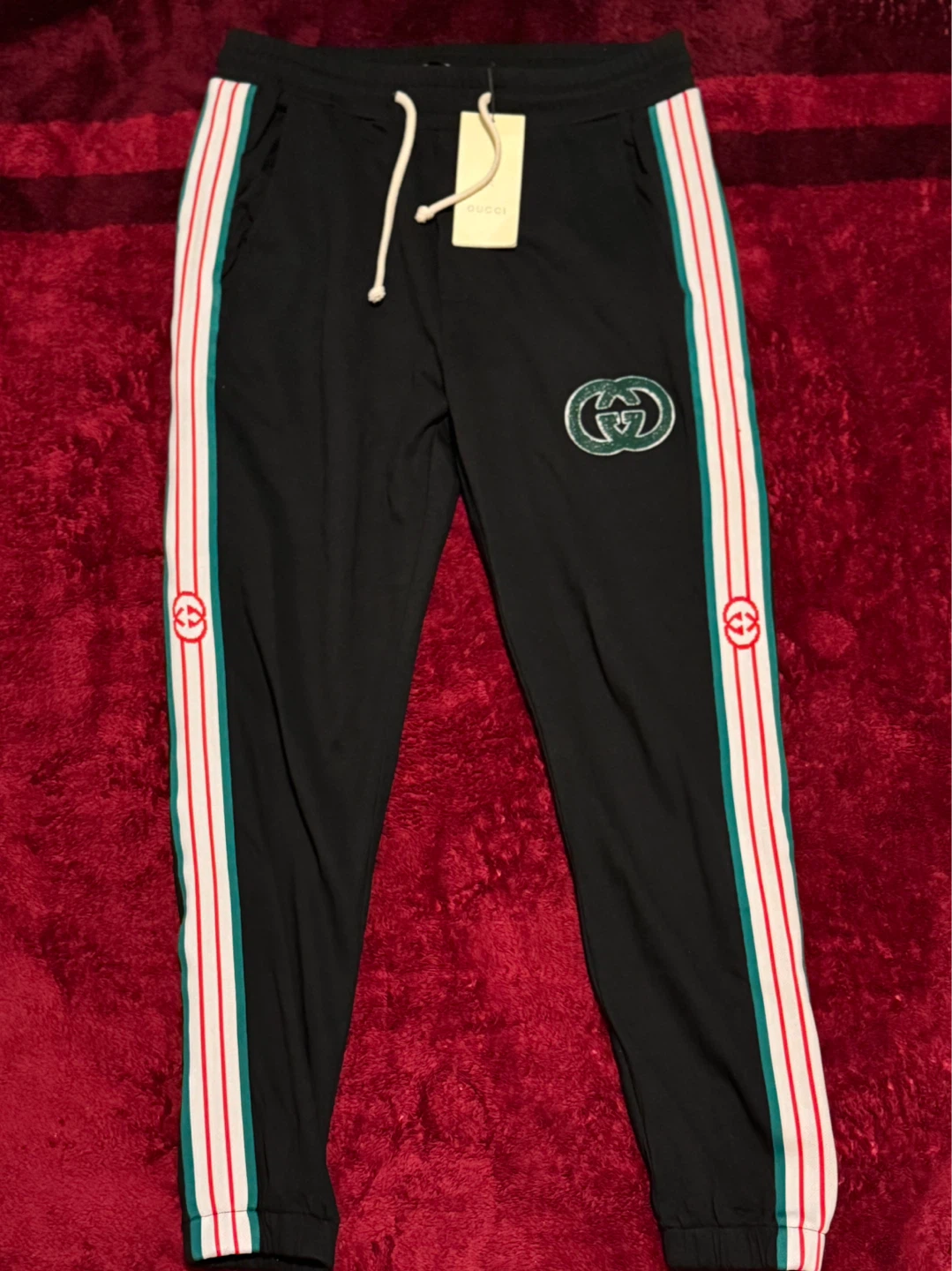 Gucci Black Track Pants with Green and Red Stripes