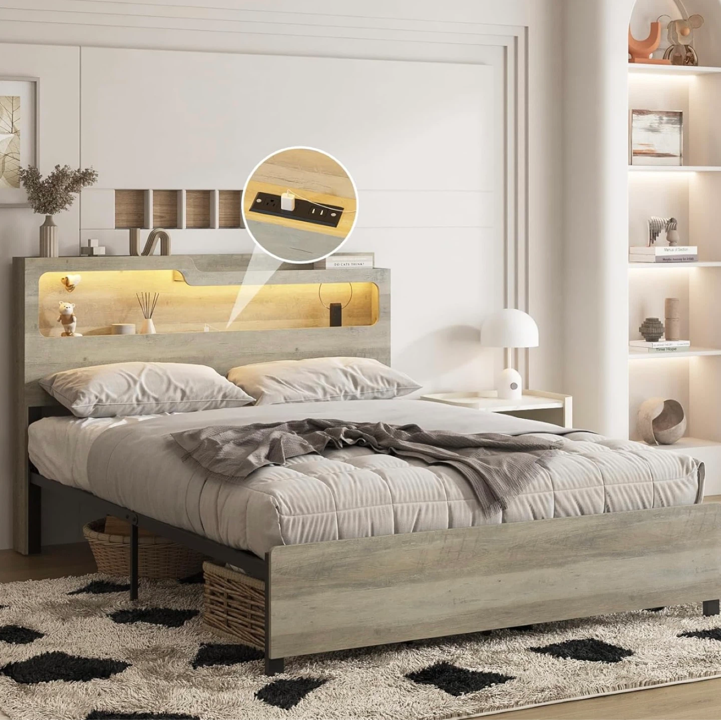 Full Size Bed Frame with Charging Station & LED Lights