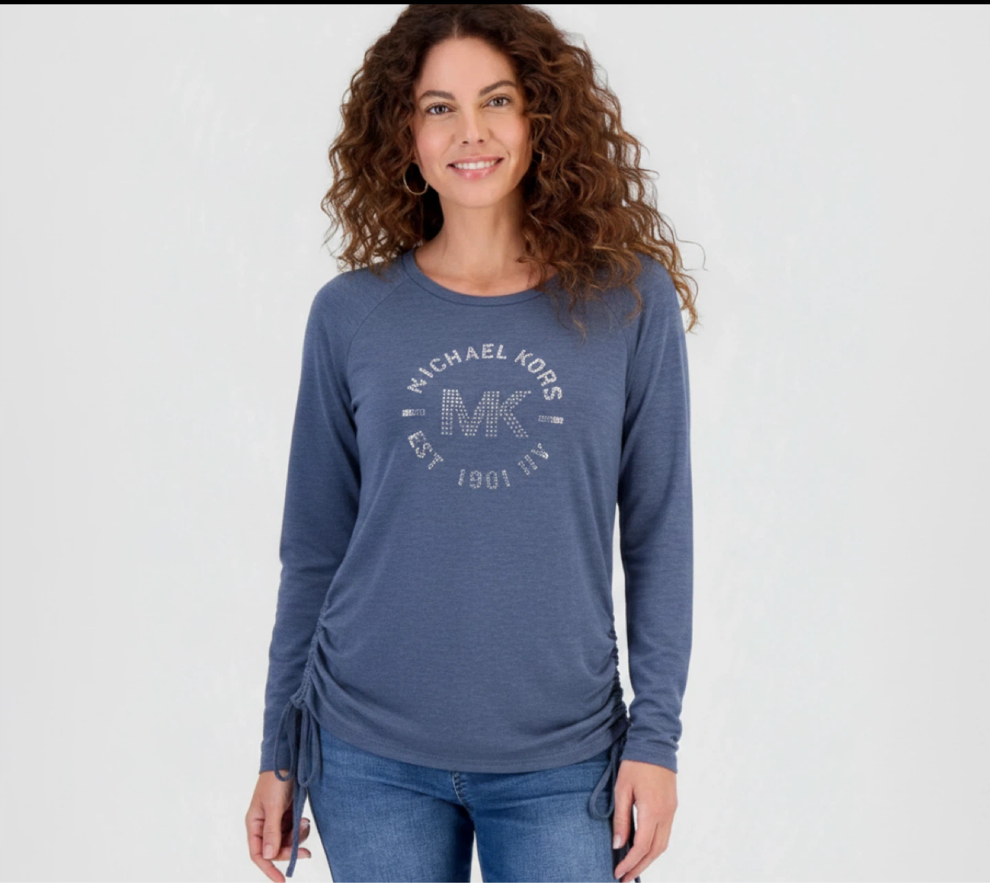 Michael Kors Women's MK Logo Rhinestone Long Sleeve T-Shirt Blue