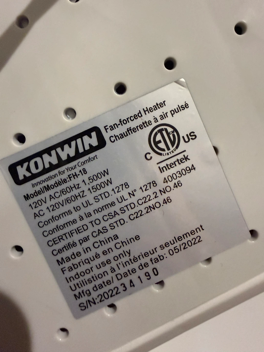Konwin Fan-Forced Heater FH-18 - photo 3