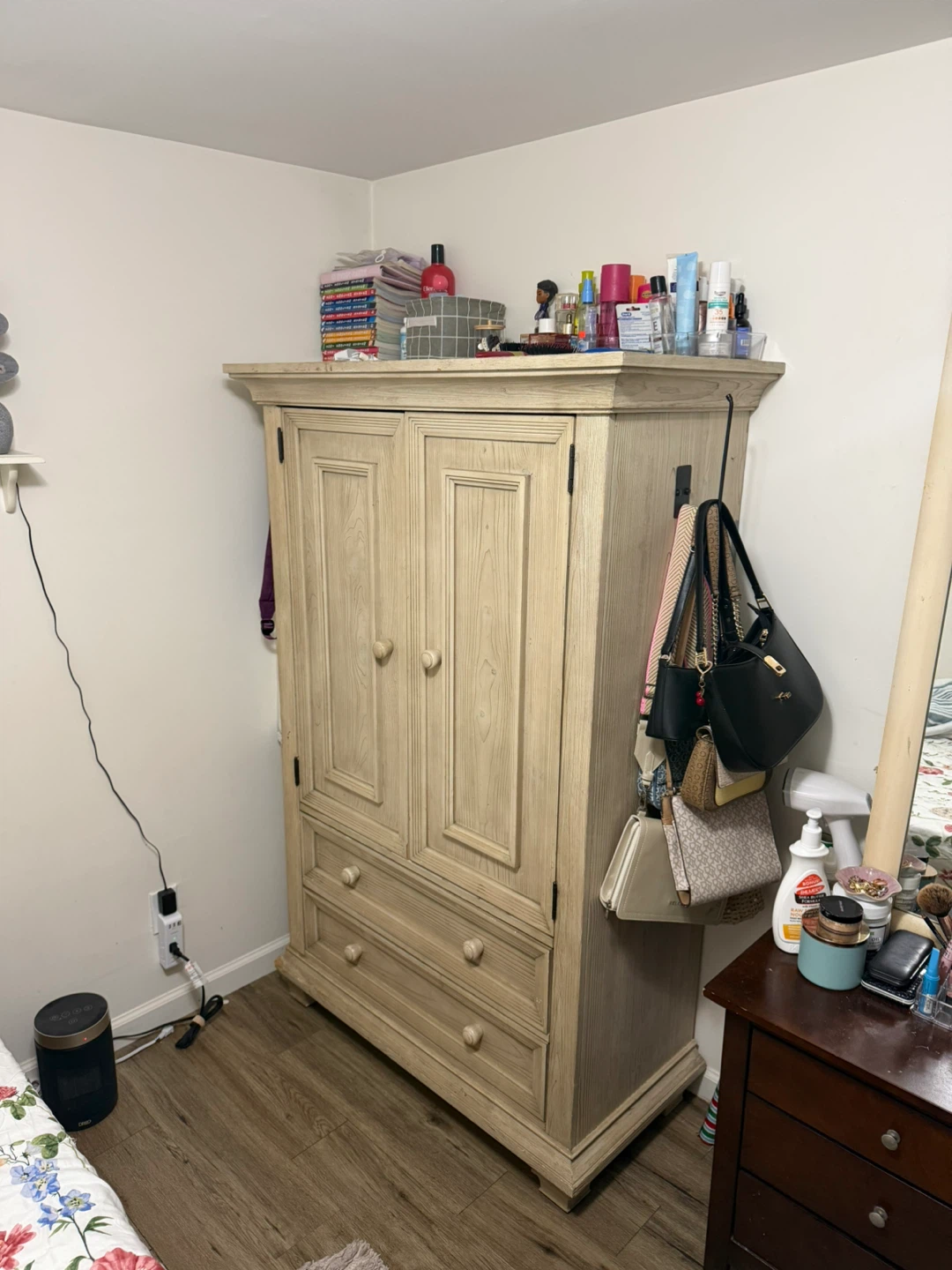 Light Wood Armoire Wardrobe with Drawers
