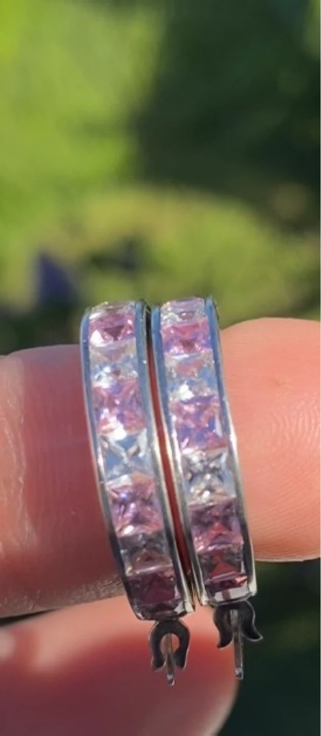 Sterling Silver Pink & White Stone Hoop Earrings - photo 2