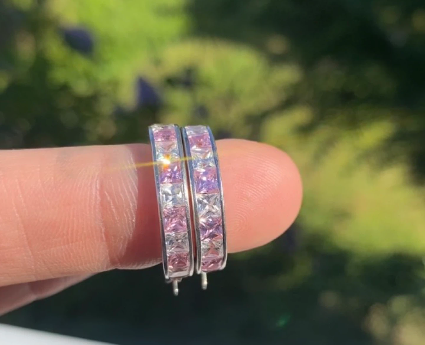 Sterling Silver Pink & White Stone Hoop Earrings
