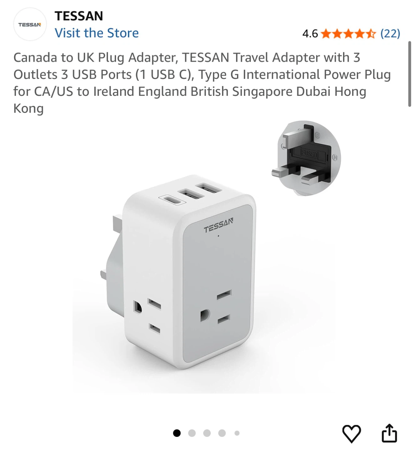 TESSAN UK Plug Adapter with 3 Outlets and 3 USB Ports