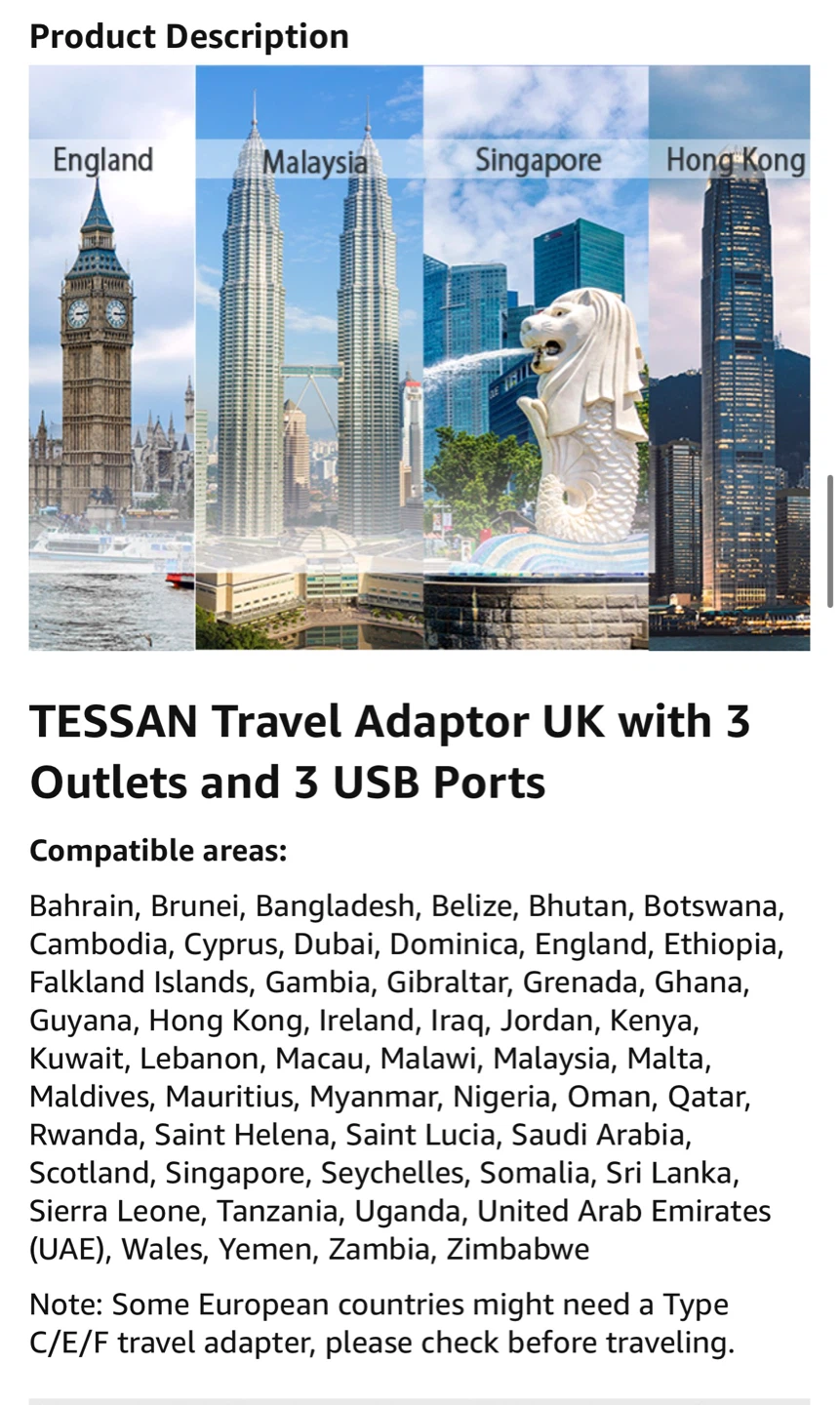 TESSAN UK Plug Adapter with 3 Outlets and 3 USB Ports - photo 3