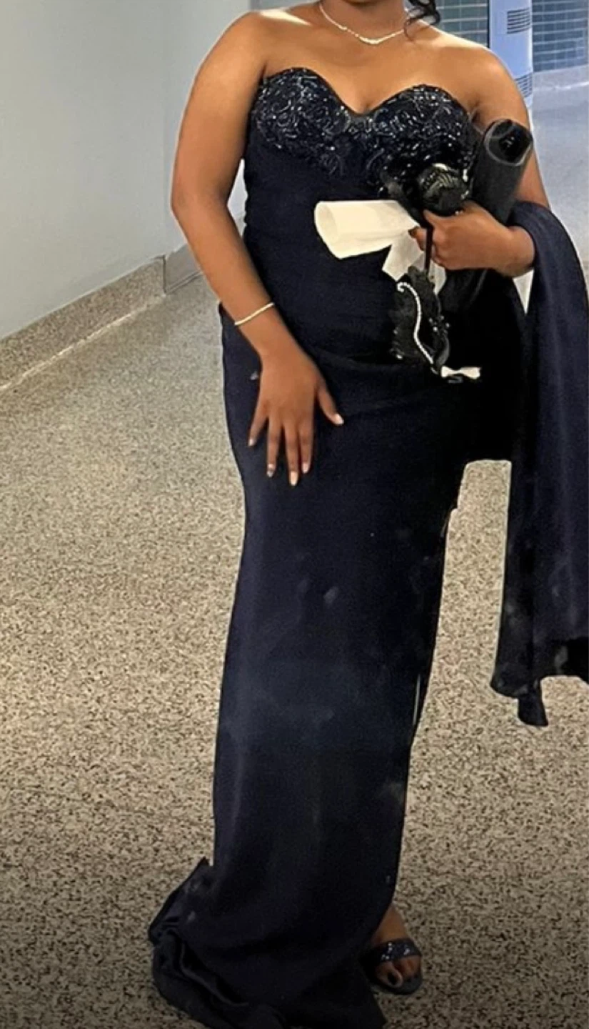 Navy Blue Beaded Strapless Gown with Matching Clutch - photo 3