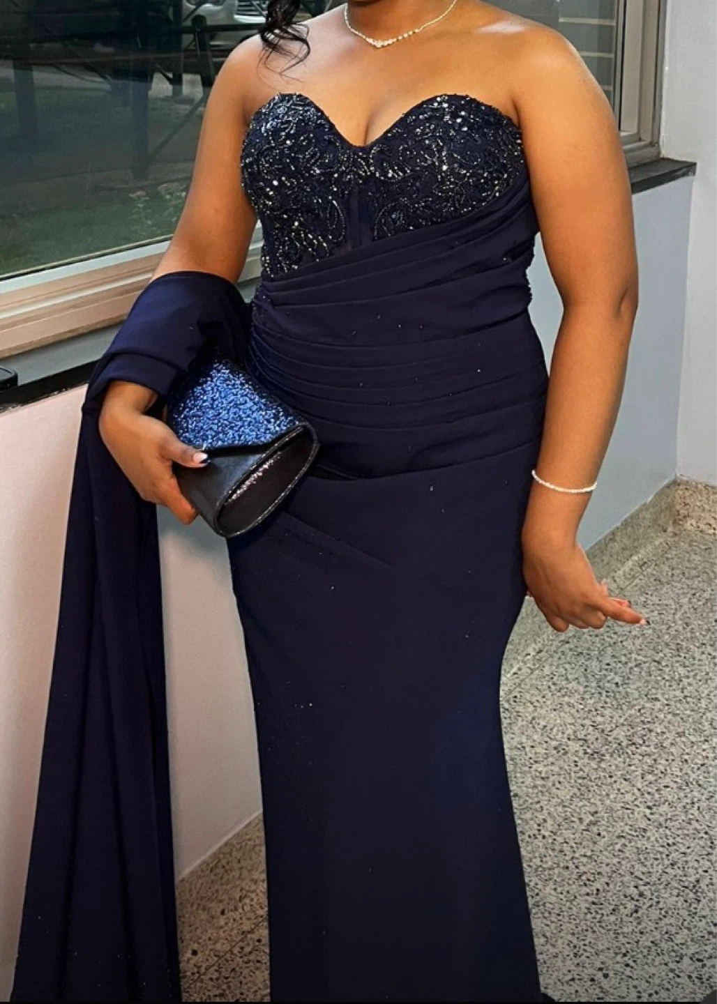 Navy Blue Beaded Strapless Gown with Matching Clutch