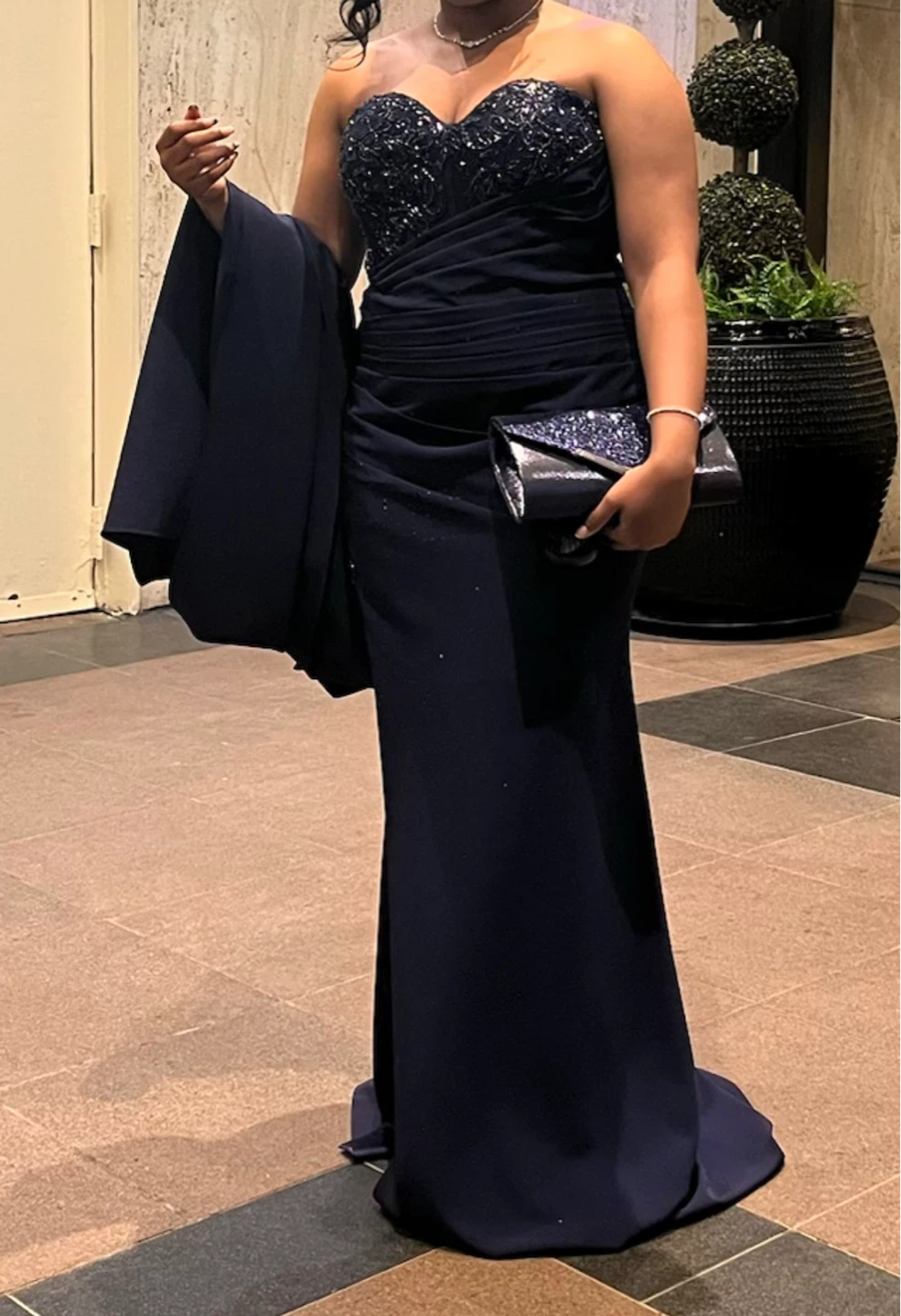 Navy Blue Beaded Strapless Gown with Matching Clutch - photo 4