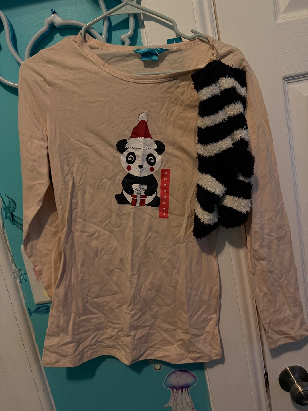 Pink Long Sleeve Panda Pajama Set with Fuzzy Socks - Medium