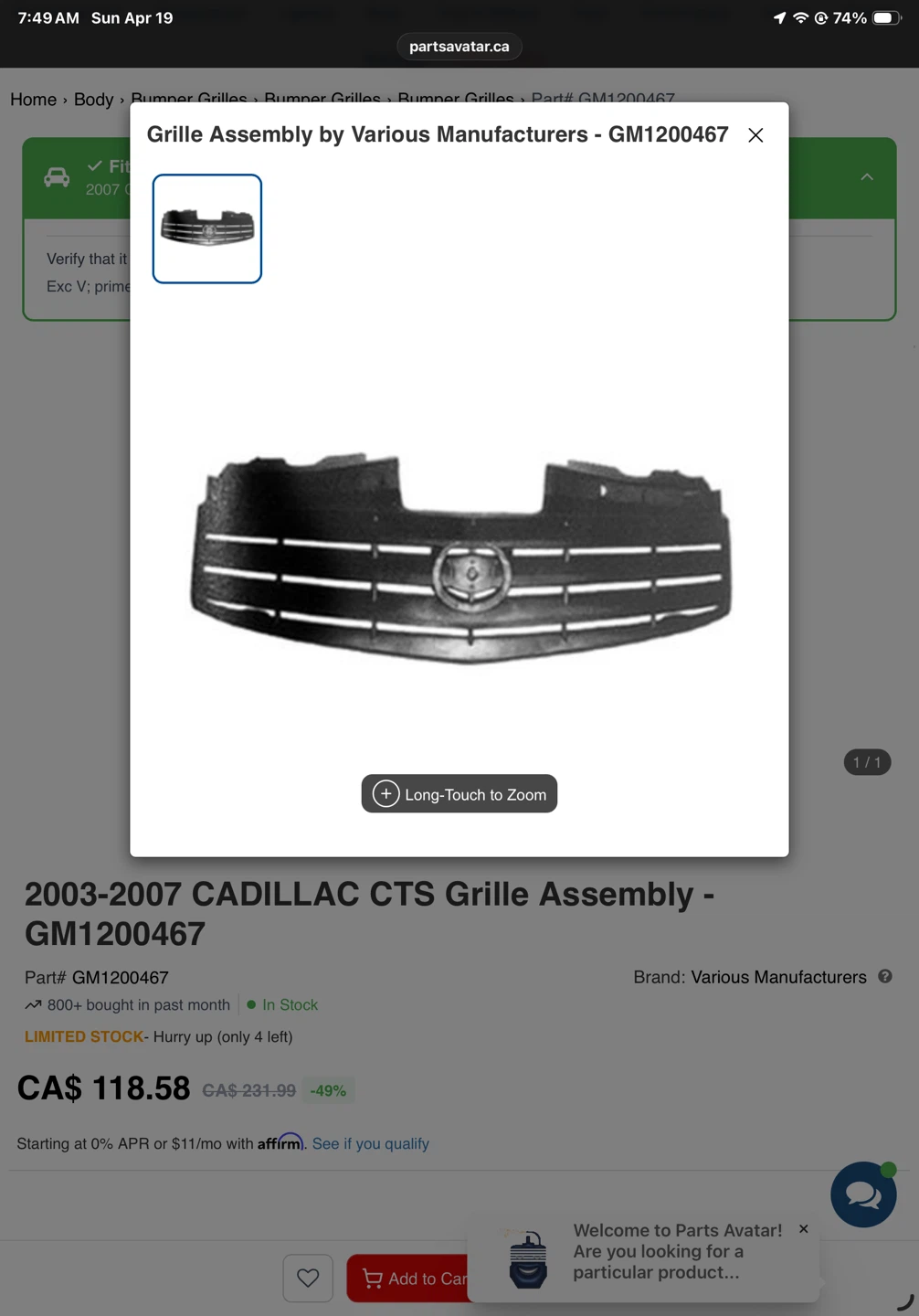 2003-2007 Cadillac CTS Grille Assembly
