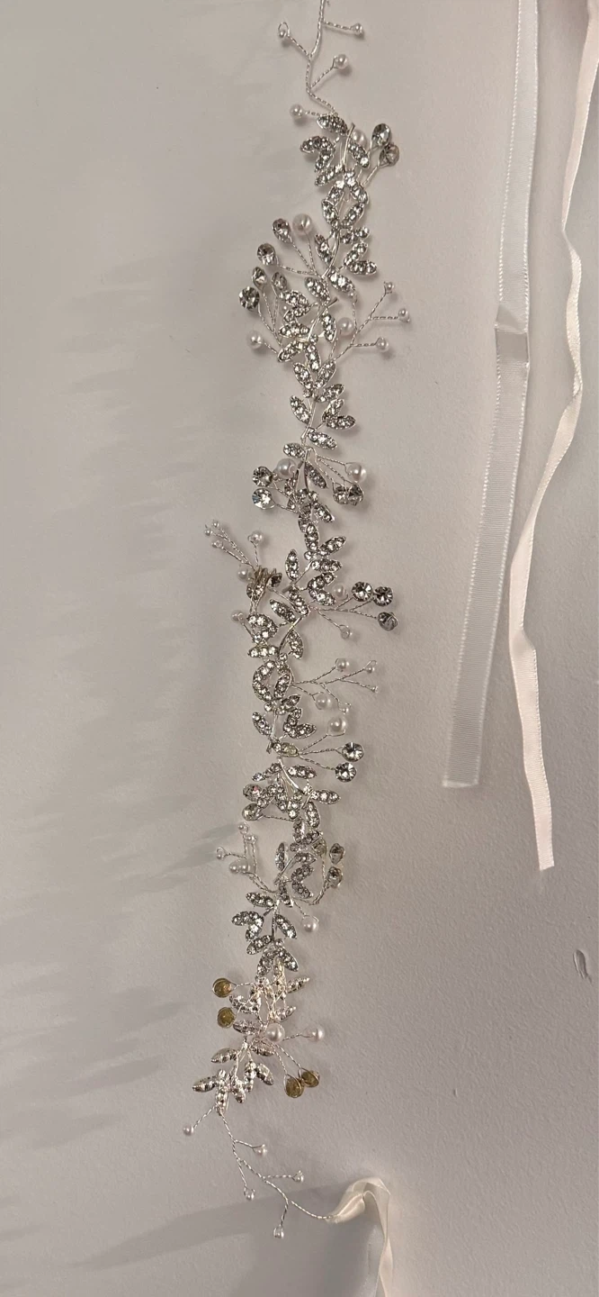 Bridal Silver Rhinestone & Pearl Leaf Hair Vine or belt