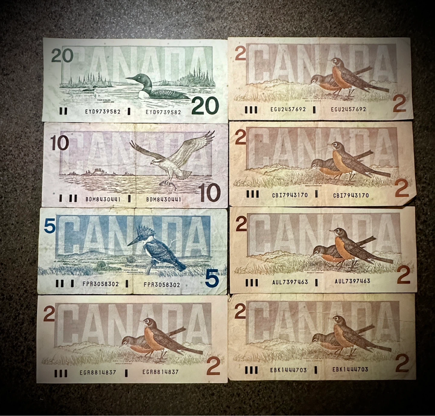 1989, 1986, 1991 Canadian Banknotes - $20, $10, $5, and $2 - photo 2