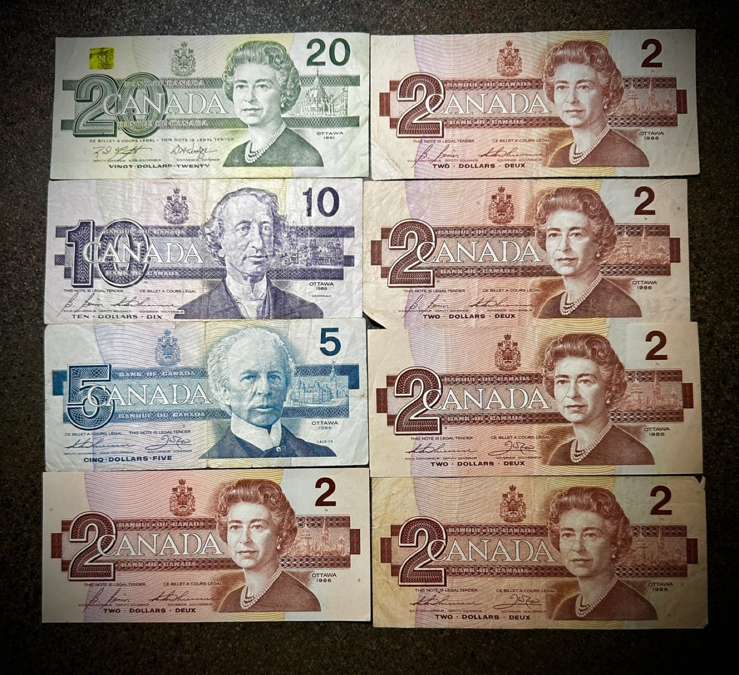 1989, 1986, 1991 Canadian Banknotes - $20, $10, $5, and $2
