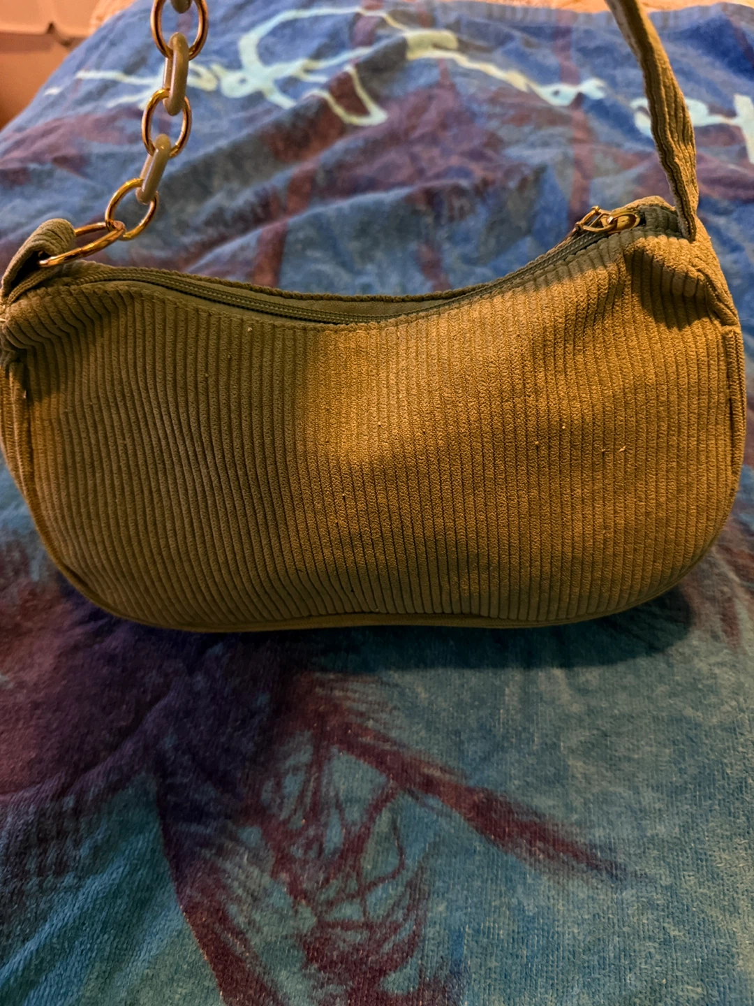 Corduroy Shoulder Bag with Chain Accent