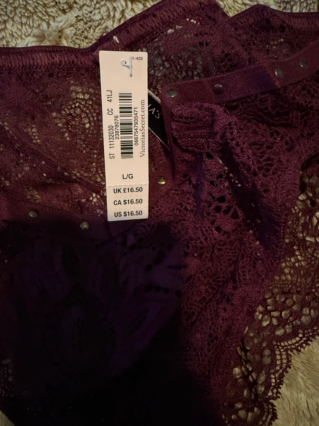 Victoria's Secret Thong Panty - Burgundy Lace - Size L - photo 3