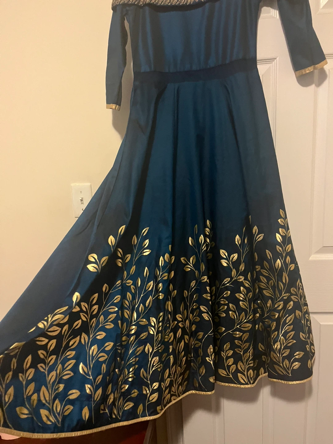 Teal Off-the-Shoulder Dress with Gold Leaf Print
