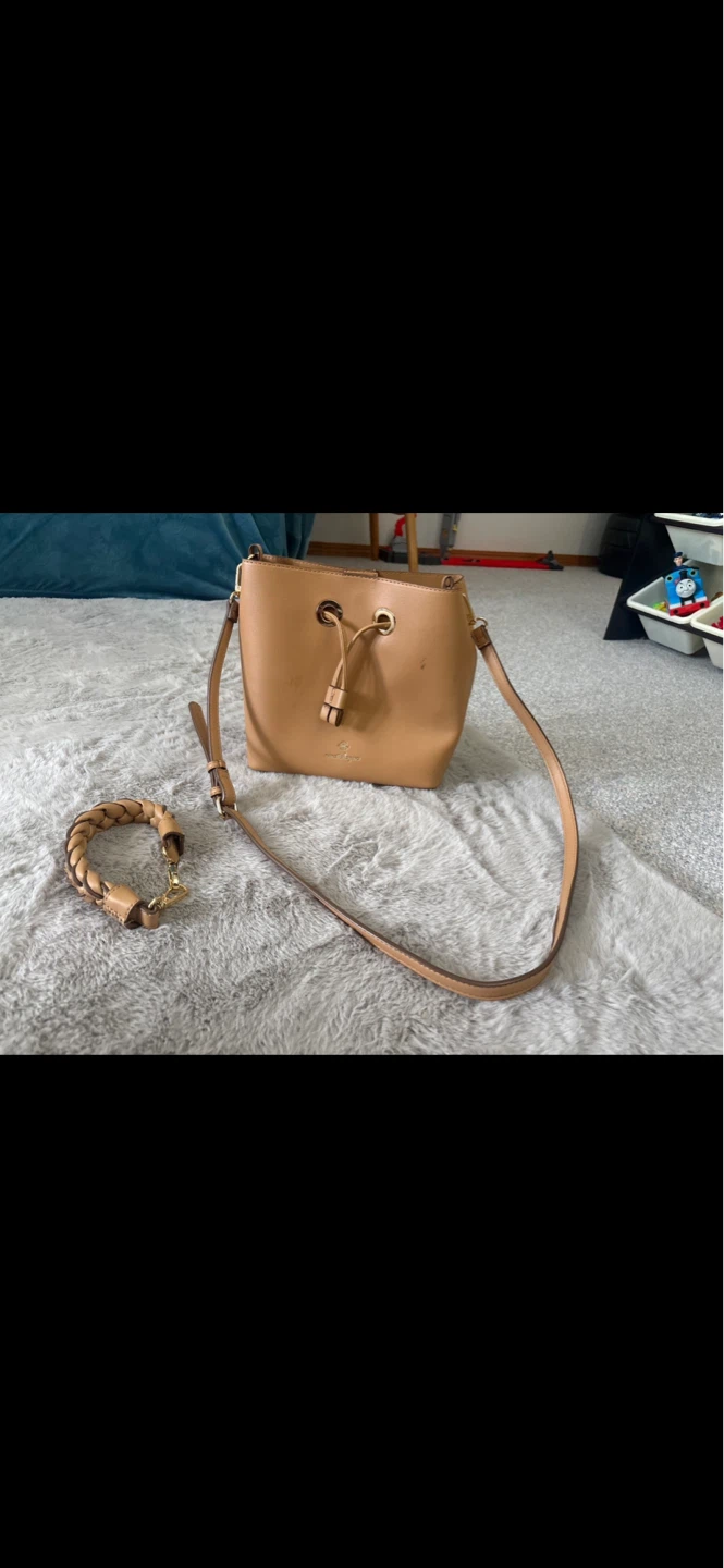 Tan Leather Bucket Bag with Wristlet
