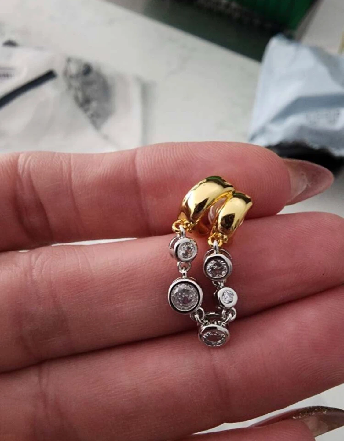 Gold and Silver Tone Drop Earrings with Clear Stones - photo 3