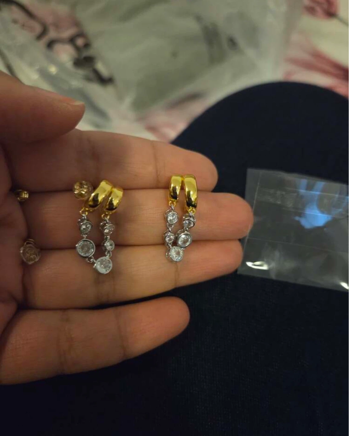 Gold and Silver Tone Drop Earrings with Clear Stones - photo 2