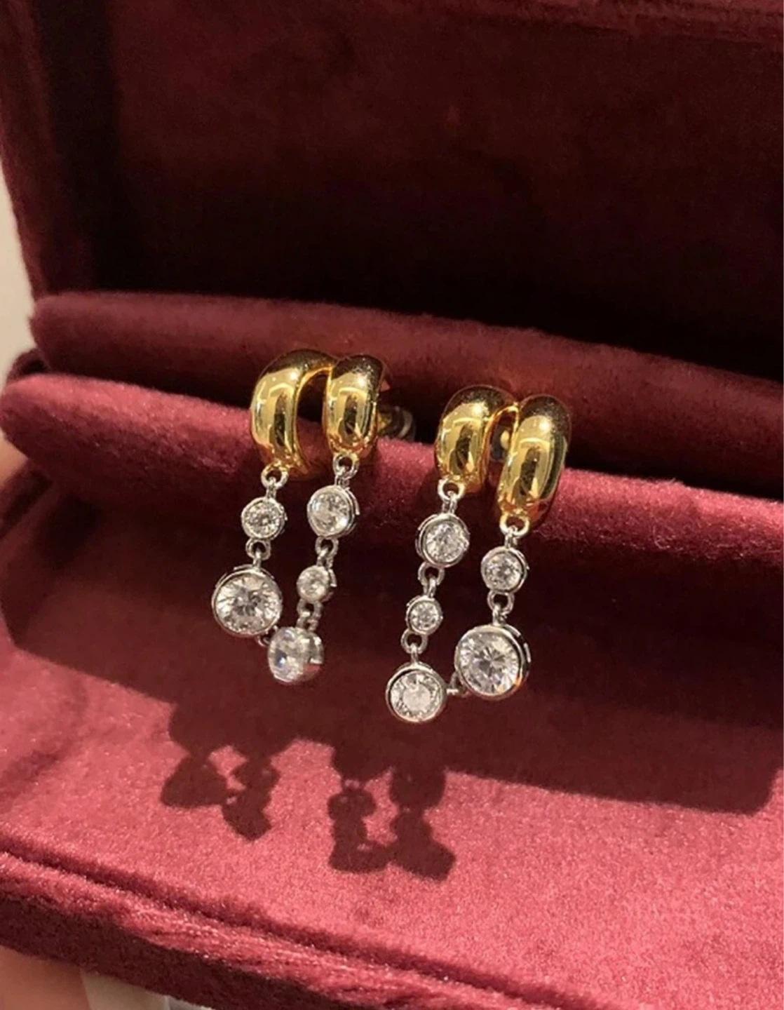 Gold and Silver Tone Drop Earrings with Clear Stones